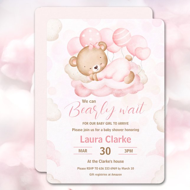 Wir können frühzeitig auf die pinkfarbene Bärendus Einladung (We Can Bearly Wait Girl pink Bear Baby Shower Invitation)