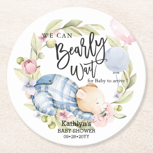 Wir können frühzeitig auf die Teddy Bear Babydusch Runder Pappuntersetzer (Vorderseite)