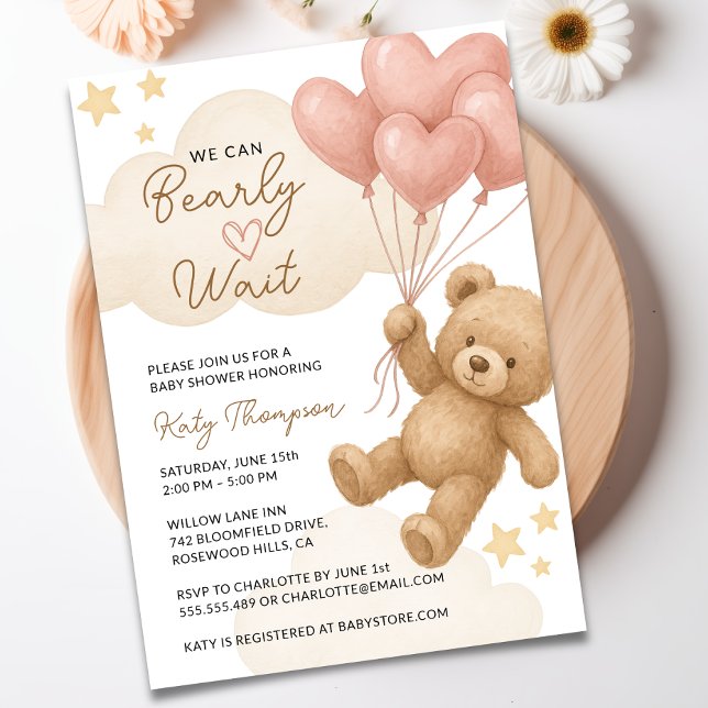 Wir können frühzeitig auf die Teddy Bear Girl Baby Einladung (We Can Bearly Wait Teddy Bear Girl Baby Shower Invitation)