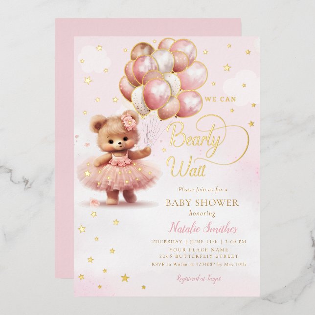 Wir können frühzeitig auf die Teddy Bear Girl Baby Folieneinladung (Vorderseite/Rückseite)