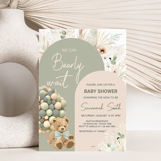 Wir können frühzeitig auf eine grüne Babydusche wa Einladung (Green Boho Teddy Bear Baby Shower Invitation)
