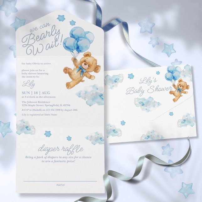 Wir können frühzeitig auf eine Teddy Bear Blue Bab All In One Einladung (We Can Bearly Wait Teddy Bear Blue Baby Shower All In One Invitation)