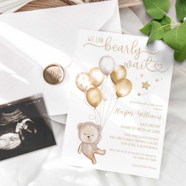 Wir können frühzeitig auf Gold Balloons Stars Baby Einladung (Von Creator hochgeladen)