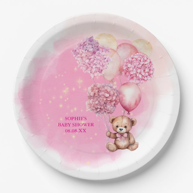 Wir können frühzeitig auf rosa Hydrangeas Balloons Pappteller (Vorderseite)