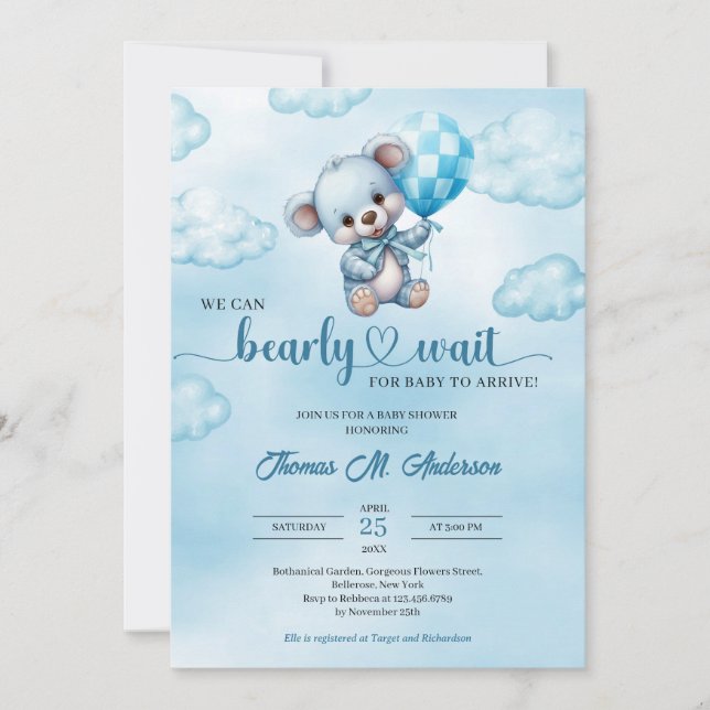 Wir können frühzeitig auf Teddy Bär Babydusche war Einladung (Vorderseite)