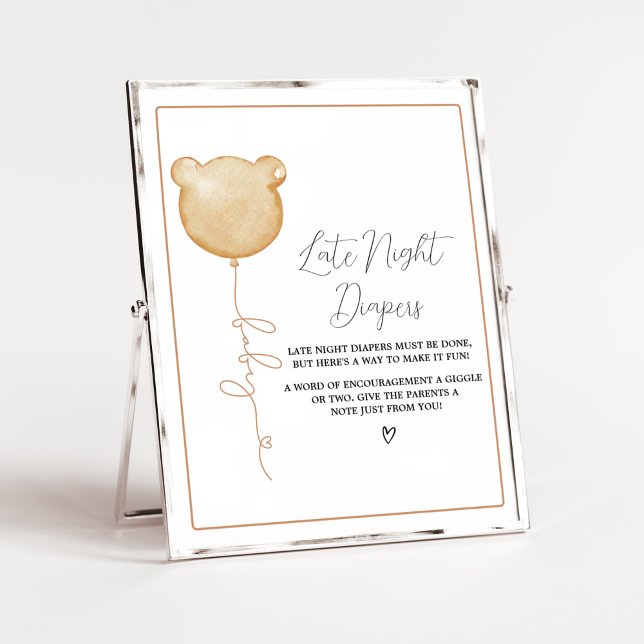 Wir können frühzeitig BrownBalloon spät abends Win Poster (Gender Neutral Minimalist Bear Baby Shower Late Night Diapers Sign)