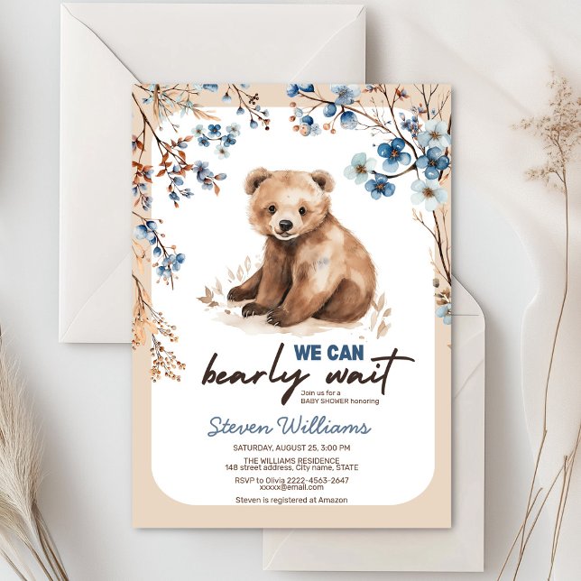 Wir können frühzeitig die blaue Blütendusche abwar Einladung (Cute bear with rustic blue flowers baby shower invitation)