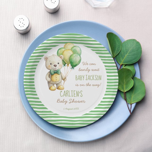Wir können frühzeitig die grüne Teddybär-Babydusch Pappteller (We can bearly wait sage green cute teddy bear baby shower personalized monogram printed paper plates)