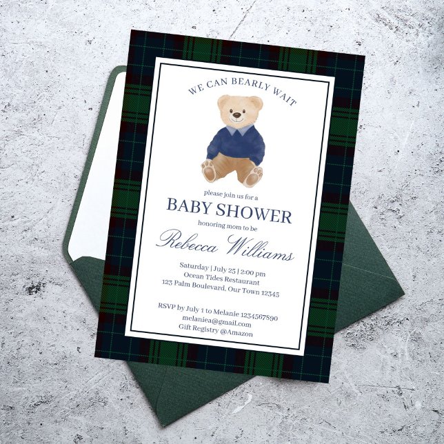 Wir können frühzeitig die klassische karierte Baby Einladung (We can bearly wait classic navy blue green plaid teddy bear baby shower invitation cards template)