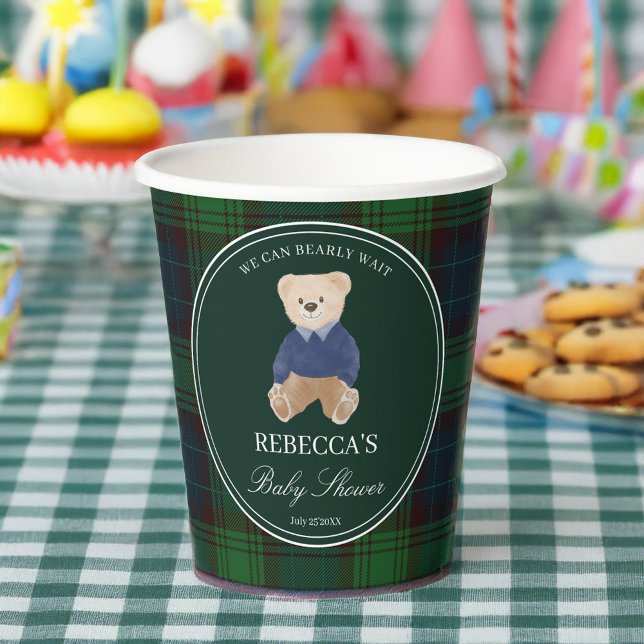 Wir können frühzeitig die klassische karierte Baby Pappbecher (We can bearly wait green plaid  polo teddy bear baby shower personalized paper cups)