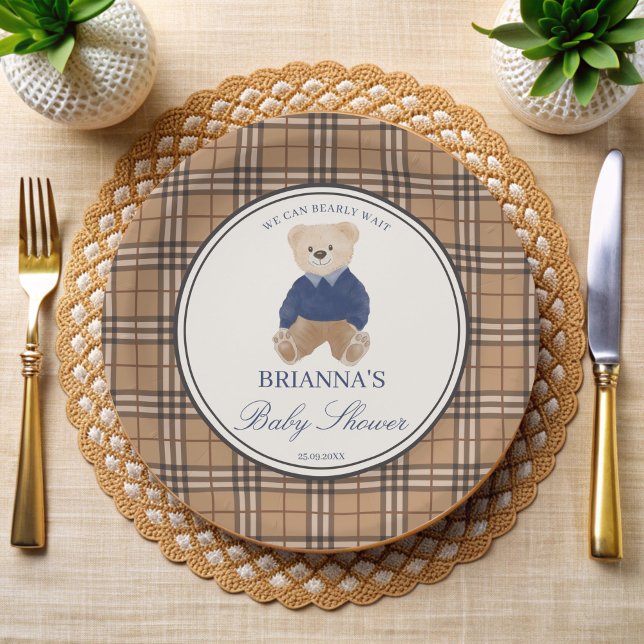Wir können frühzeitig die klassische karierte Baby Pappteller (We can bearly wait classic brown plaid teddy bear baby shower personalized paper plates)