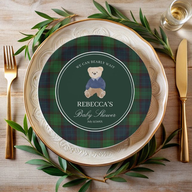 Wir können frühzeitig die klassische karierte Baby Pappteller (We can bearly wait green plaid  classic polo teddy bear baby shower personalized paper plates)