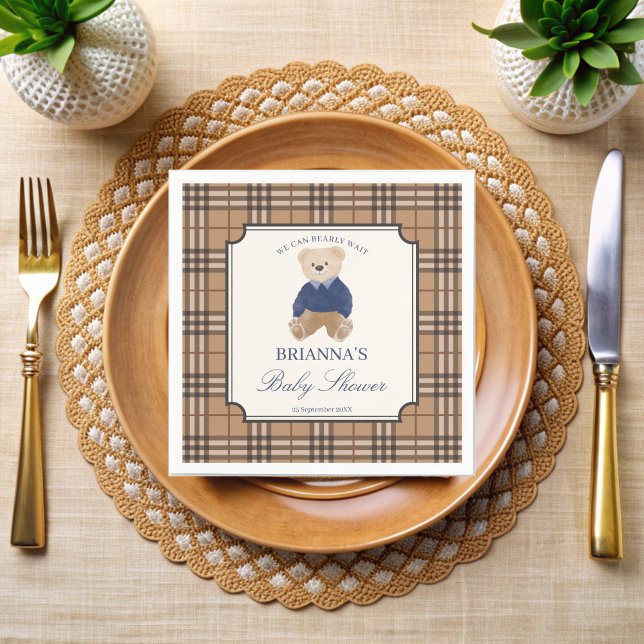 Wir können frühzeitig die klassische karierte Baby Serviette (We can bearly wait classic brown plaid teddy bear baby shower printed napkins personalized decor)