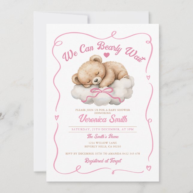 Wir können frühzeitig die Pink Bow Bear Girl Baby  Einladung (Vorderseite)