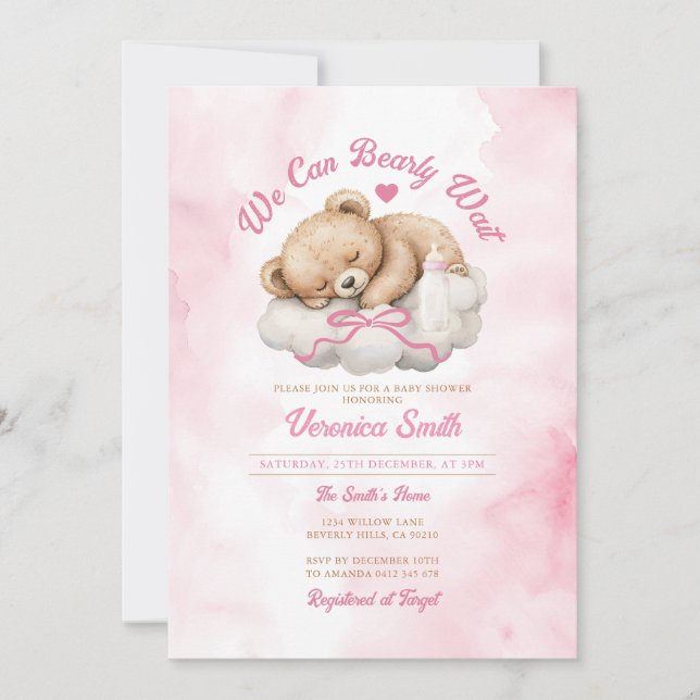 Wir können frühzeitig die Pink Bow Bear Girl Baby  Einladung (Vorderseite)