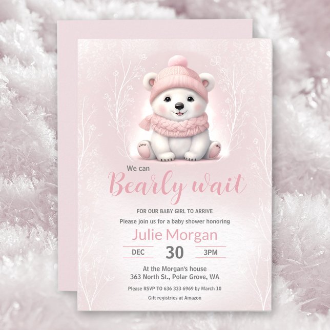 Wir können frühzeitig die Pink Polar Bear Baby Dus Einladung (We Can Bearly Wait Pink Polar Bear Baby Shower Invitation)