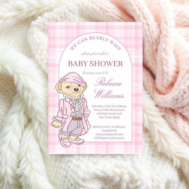 Wir können frühzeitig eine karierte, rosa Babydusc Einladung (We can bearly wait pink classic plaid teddy bear girls baby shower invitation cards template)