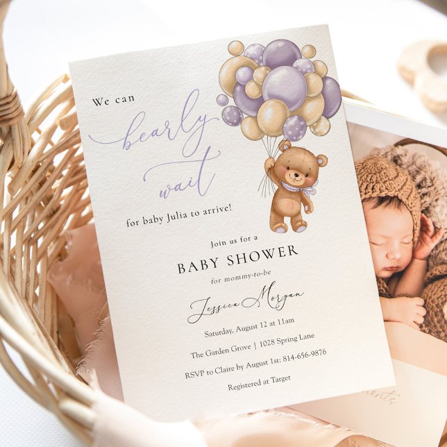 Wir können frühzeitig Lila Teddy Bear Baby Dusche  Einladung (Von Creator hochgeladen)