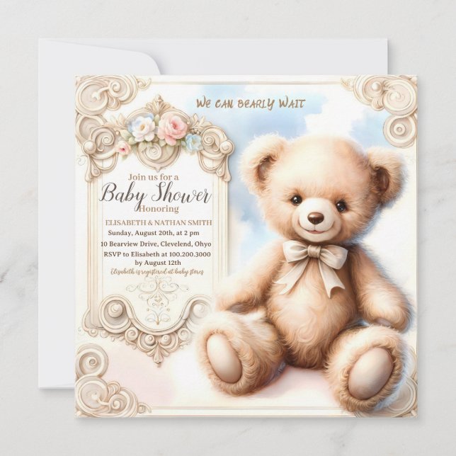 Wir können frühzeitig niedliche Teddy Bear Baby Sh Einladung (Vorderseite)