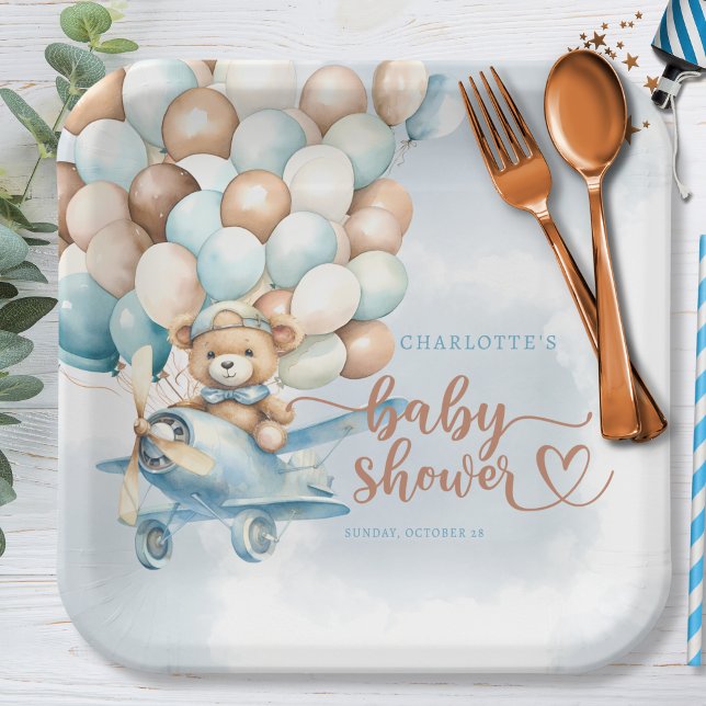 Wir können frühzeitig warten! Blue Balloons Teddy  Pappteller (we can bearly wait, teddy bear, baby shower, blue balloons, paper plates, baby shower plate)