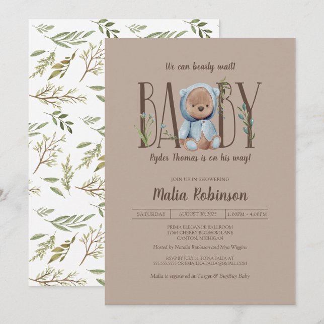 Wir können frühzeitig warten! Blue Teddy Bear Baby Einladung (Vorne/Hinten)