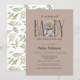 Wir können frühzeitig warten! Blue Teddy Bear Baby Einladung