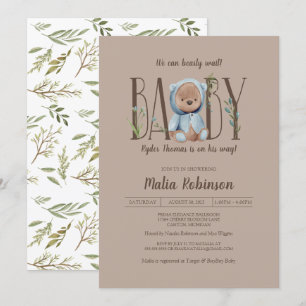 Wir können frühzeitig warten! Blue Teddy Bear Baby Einladung