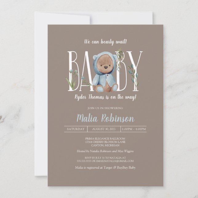 Wir können frühzeitig warten! Blue Teddy Bear Baby Einladung (Vorderseite)