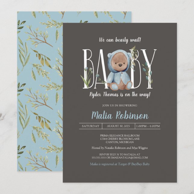 Wir können frühzeitig warten! Boy Blue Teddy Bären Einladung (Vorne/Hinten)