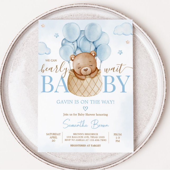 Wir können frühzeitig warten Hot Air Ballon Babydu Einladung (Blue Teddy Baby Bear Baby Shower Invitation)