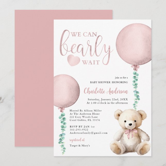 Wir können frühzeitig warten Pink Bear Baby Dusche Einladung (Vorne/Hinten)