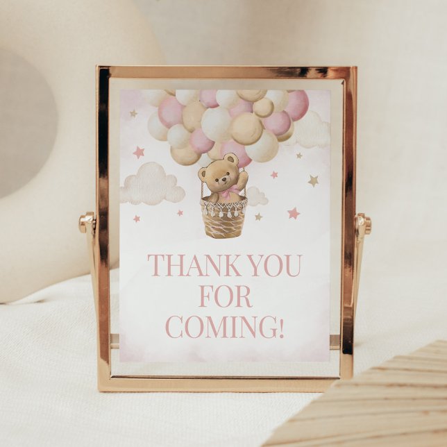 Wir können frühzeitig warten Pink Bear Danke, dass Poster (Girl Teddy Bear Balloon Baby Shower Thank you for Coming Sign)
