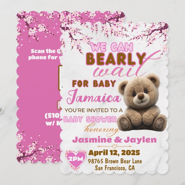 Wir können frühzeitig warten | Pink Teddy Bear Bab Einladung (Vorne/Hinten)