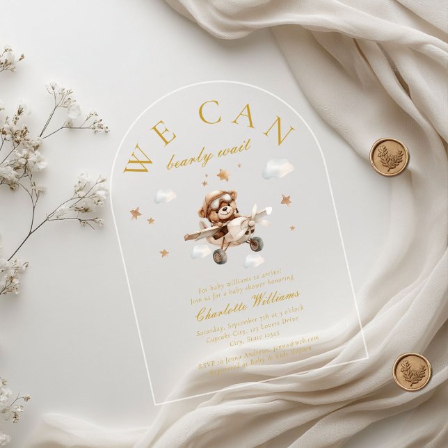 Wir können frühzeitig warten! Teddy Bear & Airplan Acryleinladungen (We Can Bearly Wait! Teddy Bear & Airplane Arch Baby Shower  Transparent Acrylic Invitations.)