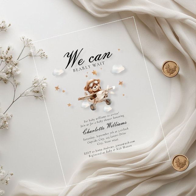 Wir können frühzeitig warten! Teddy Bear & Airplan Acryleinladungen (We Can Bearly Wait! Teddy Bear & Airplane Baby Shower  Transparent Acrylic Invitations.)