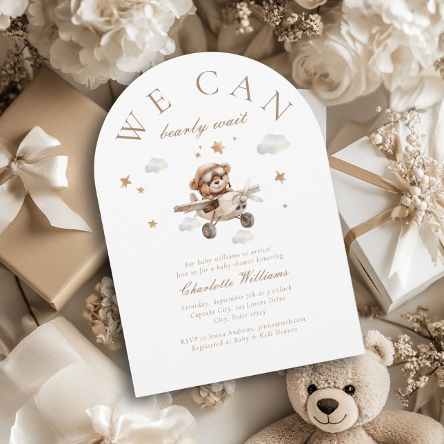 Wir können frühzeitig warten! Teddy Bear & Airplan Einladung (We Can Bearly Wait! Cute, modern, white, baby shower arch invitation.)