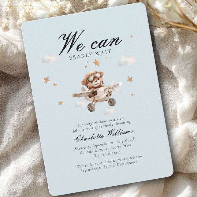 Wir können frühzeitig warten! Teddy Bear & Airplan Einladung (We Can Bearly Wait! Cute Bear & Plain Baby Shower Invitation)