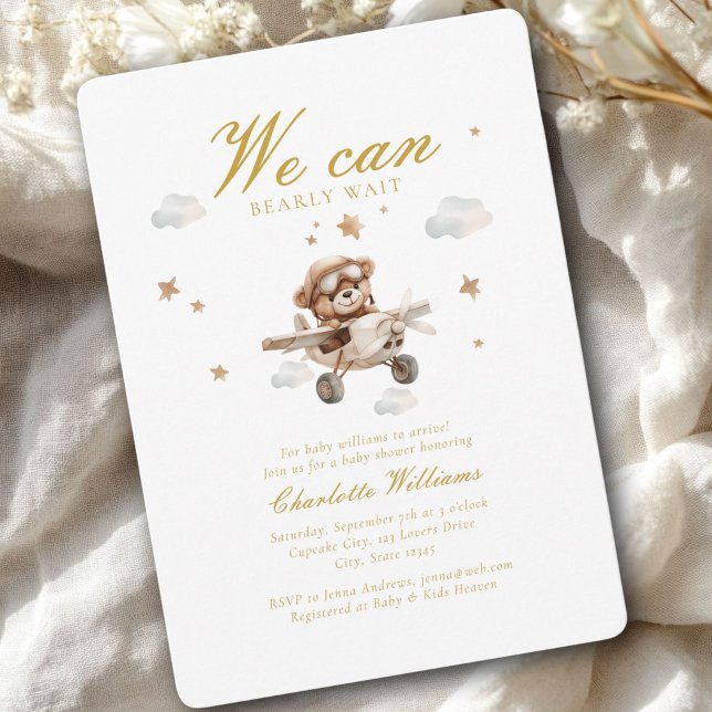 Wir können frühzeitig warten! Teddy Bear & Airplan Einladung (We Can Bearly Wait! Cute Bear & Plain Baby Shower Invitation)