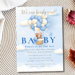 Wir können kaum warten Blau Teddybär Baby-Party Einladung
