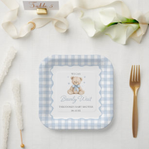 Wir können kaum warten Blau Teddybär Baby-Party Pappteller
