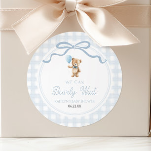 Wir können kaum warten Blau Teddybär Baby-Party Runder Aufkleber