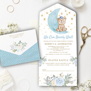 Wir können kaum warten Blaubär Teddybär Baby-Party All In One Einladung