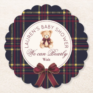 Wir können kaum warten Plaid Teddybär Baby Shower Untersetzer