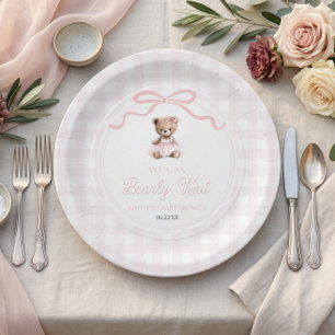 Wir können kaum warten Rosa Teddybär Baby-Party Pappteller