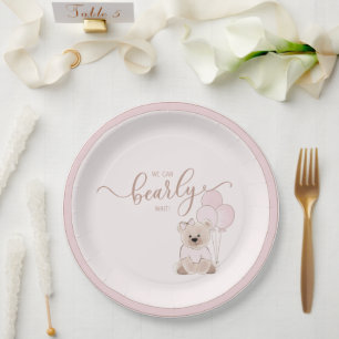 Wir können kaum warten Teddybär Rosa Baby-Party Pappteller