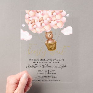 Wir können kaum warten Teddybär Rosa Mädchen Baby- Acryleinladungen