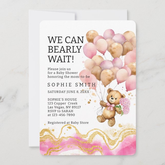 Wir können schon Abstrakt auf Rosa und Gold warten Einladung (Vorderseite)