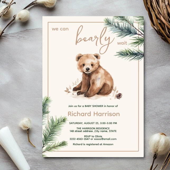 Wir können schon lange warten, bis wir eine Baby-D Einladung (Bearly wait cute watercolor forest baby shower invitation )