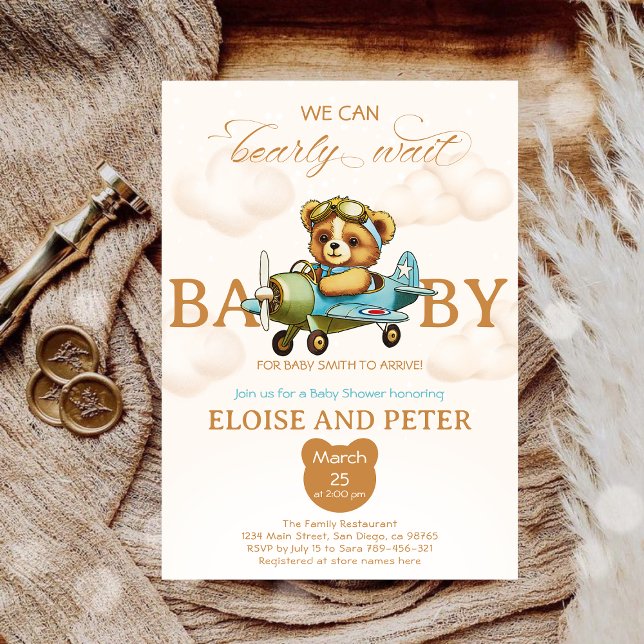 Wir können schon lange warten Pilot Teddy Bear Bab Einladung (We can bearly wait Pilot Teddy Bear baby shower Invitation)