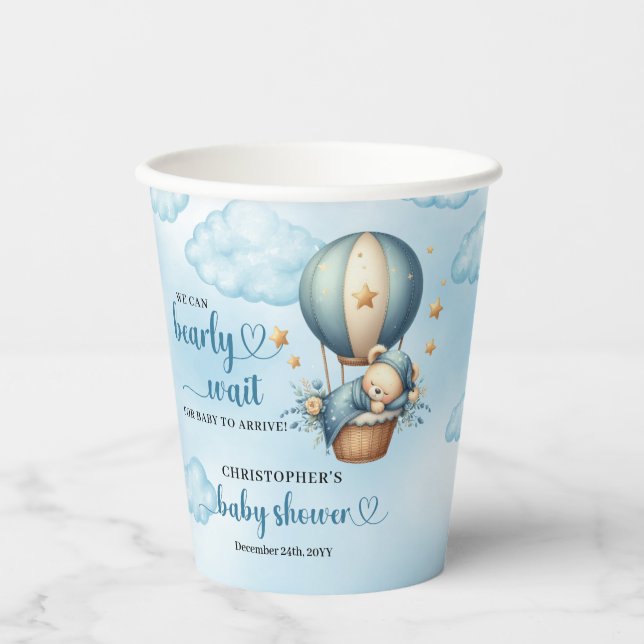 Wir können schon warten Baby Dusche Heißluftballon Pappbecher (Vorderseite)